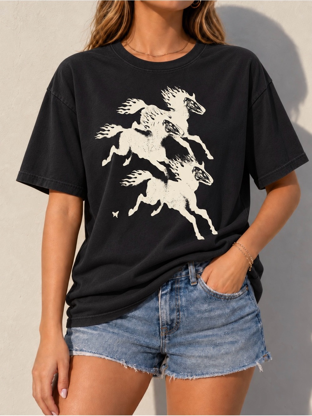 Black Skeleton Ghost Horses Edgy Grunge Aesthetic Womens Reprint Tee Shirt